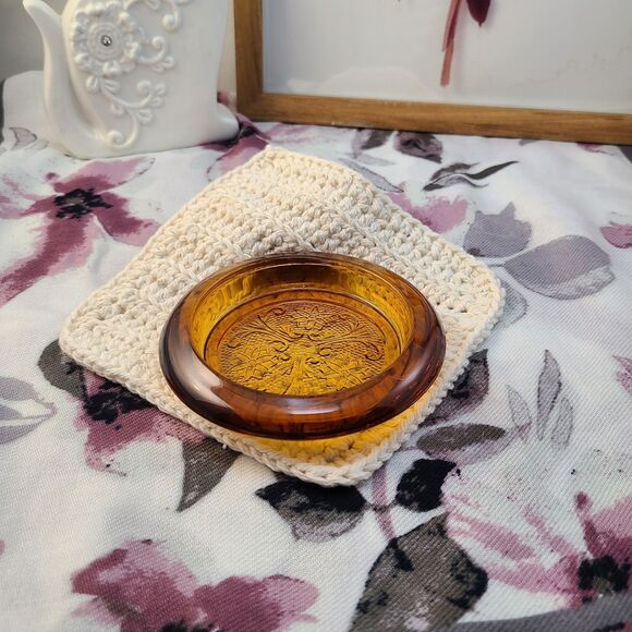 Vintage Amber Glass Coaster Embossed Floral Pattern 4.5" Decorative Dish - Picture 4 of 4